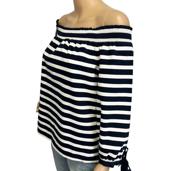 J. Crew Striped Off The Shoulder Top Navy Blue White Bow Sleeve G2549 Size L - Picture 5 of 13